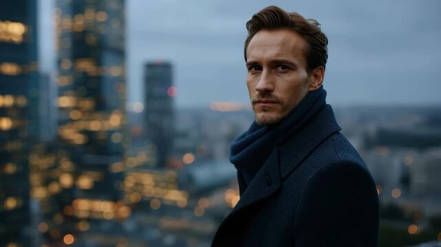 Man overlooking city skyline at dusk