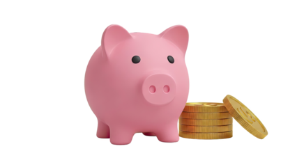 Pink Piggy Bank and Stack of Gold Coins