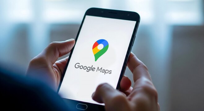Hands holding smartphone with Google Maps on screen