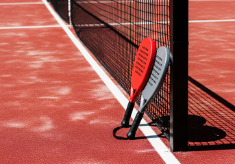 Two Padel Rackets Leaning Against Net on Red Sports Court