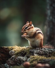 A cute chipmunk sits on a mossy log, intently holding and eating a nut.