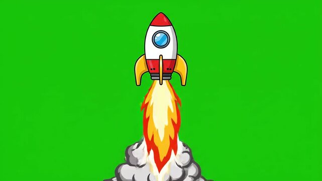 A cartoon rocket launching upwards with flames and smoke against a green background with a playful and dynamic mood.