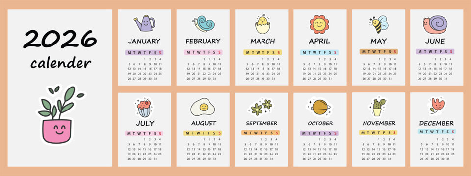 Lovely typography calendar template for 2026 year with inspirational, compliment lettering in bubbles. Calendar grid with weeks starts on Monday for kids nursery. Vertical monthly calender layout