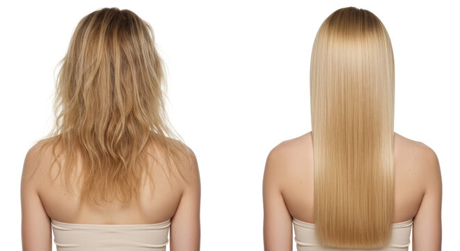 Young caucasian woman with long blonde hair transformation, dry and frizzy (left) to sleek and shiny (right), back view against transparent studio backdrop, concept of hair care efficacy
