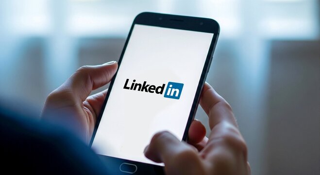 Hands holding smartphone with LinkedIn app on screen