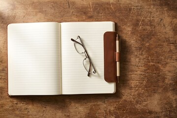 Open Blank Notebook with Pen and Glasses on Rustic Wooden Desk Top View