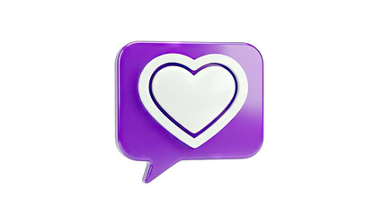3D purple speech bubble with a white heart icon on transparent background