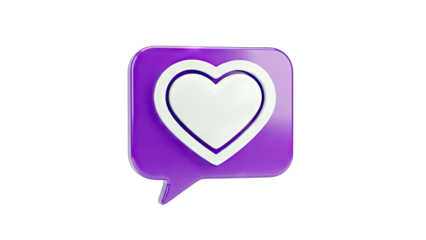3D purple speech bubble with a white heart icon on transparent background