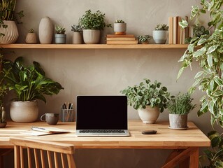 A stylish workspace features a wooden desk with a laptop and a collection of potted plants and books, creating a calming and productive atmosphere.
