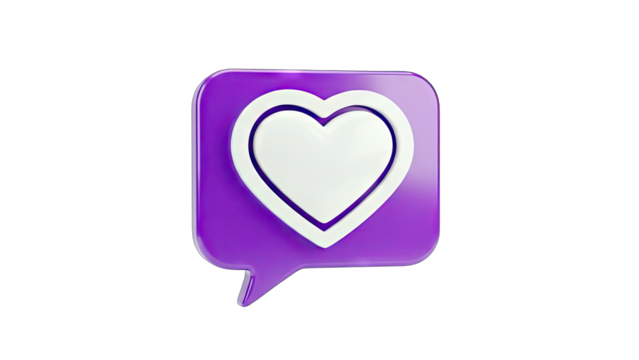 3D purple speech bubble with a white heart icon on transparent background - Powered by Adobe