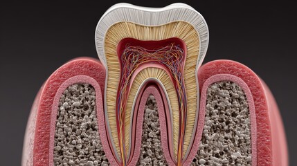 3D rendering cross-section of tooth structure showing enamel, dentin, pulp and nerve, educational medical illustration