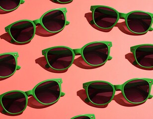 Green sunglasses arranged on a bright pink background, close-up