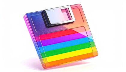 A 3D rendered rainbow-colored floppy disk with a silver latch