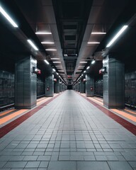 A long, dark subway station platform stretches into the distance, illuminated by bright overhead lights and signage.