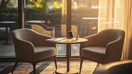 Business Discussion Corner with Two Chairs and Round Table, Documents and Smartphone on Table, Warm Natural Light Corporate Meeting Space, No People