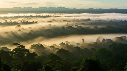 Aerial view of lush forest with mist and distant mountains at sunrise