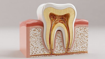 3D rendering cross-section of tooth structure showing enamel, dentin, pulp and nerve, educational medical illustration