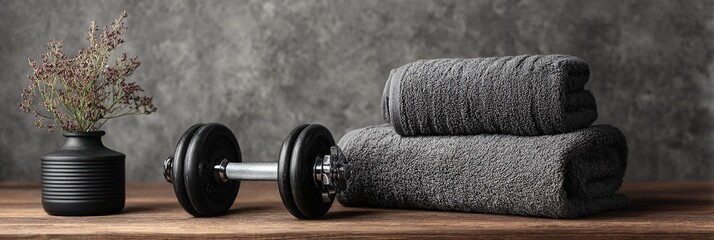 A stack of gray towels rests on a wooden surface next to a pair of dumbbells and a small vase with dried flowers, creating a serene and minimalist aesthetic.
