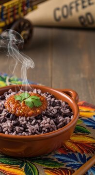 Traditional Costa Rican Gallo Pinto Breakfast with Salsa Lizano and Steaming Rice and Beans on Oxcart Textile with Right Copy Space