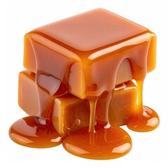 Golden caramel candies stacked with rich, flowing, glossy topping