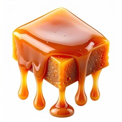 Cube of golden brown cake dripping with glossy, thick caramel sauce