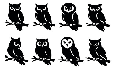 Fototapeta premium Graphic owl set featuring various unique silhouettes perched on branches for nature designs