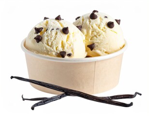 Two scoops of vanilla ice cream with chocolate chips in a paper cup