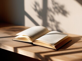 An open book rests on a wooden table, bathed in warm sunlight, casting a tree shadow on the wall.