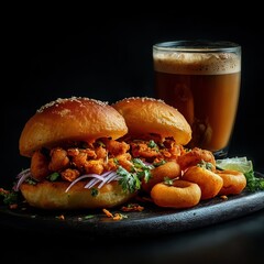 Two sesame sliders with fried chicken red onion cilantro Onion rings lime and foamy beverage on dark board