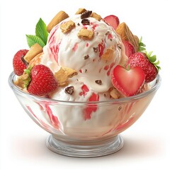 Vanilla ice cream sundae topped with strawberries cookie pieces chocolate and mint leaves in a clear glass dessert bowl