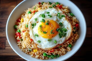 Savory fried rice with peas corn red peppers in a white bowl topped by a fried egg green onions and sesame seeds