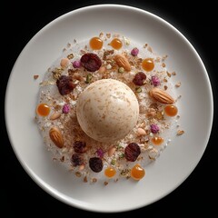 Artfully arranged gourmet dessert featuring a speckled sphere nuts dried fruits caramel and gold leaf on a white plate