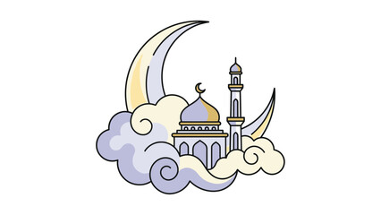 Islamic Mosque and Crescent Moon with Clouds Illustration.