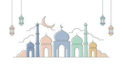 Islamic Mosque Architecture with Crescent Moon and Lanterns.