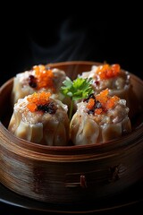 Four freshly steamed Siumai dumplings with orange roe and herbs in a bamboo steamer Hot Asian dim sum meal