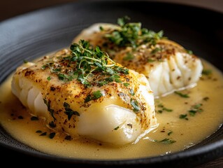 Two perfectly cooked white fish fillets bathed in a rich creamy butter sauce garnished with fresh herbs and spices