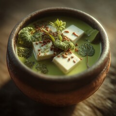 Rustic bowl holds vibrant green soup with white tofu cubes fresh green leaves and reddish seeds Close up on wooden