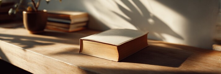 A book rests on a wooden table, illuminated by a warm, golden light, casting a dramatic shadow on the wall.