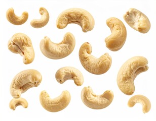 Eleven shelled, creamy, cashew nuts scattered against a white backdrop