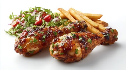 Two glazed chicken drumsticks with golden french fries and a fresh green salad with tomatoes and red onion all on white