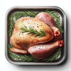 Whole raw seasoned chicken with fresh rosemary sprigs resting in a shiny metal roasting pan Top view