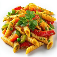 Penne pasta dish featuring vibrant red and green bell peppers green peas and fresh parsley Close up on a white surface