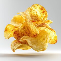 A collection of golden crispy potato chips with seasoning specks floating against a light grey background
