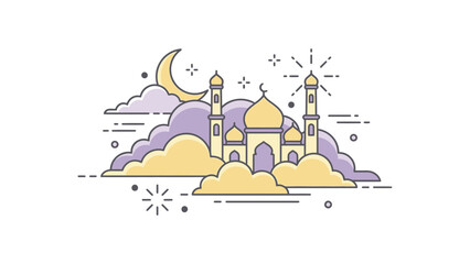 Islamic Mosque Architecture with Crescent Moon and Clouds.
