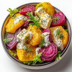 Vibrant roasted golden and red beet salad with feta cheese creamy dressing and fresh herbs