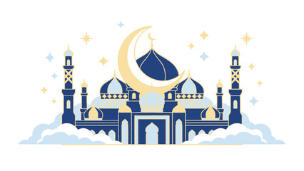Islamic Mosque Architecture with Crescent Moon and Stars.