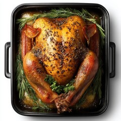 Whole roasted turkey in a black pan golden brown skin seasoned with peppercorns rosemary and parsley top view