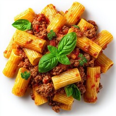 Cooked rigatoni pasta with savory bolognese meat sauce garnished with fresh green basil and parsley on white