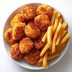 Close up overhead view of golden crispy chicken nuggets alongside perfectly cooked french fries on a white plate