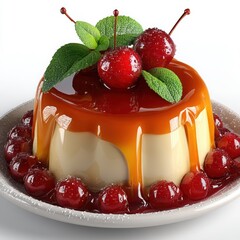 Panna cotta style dessert featuring golden caramel sauce glistening red glazed cherries and fresh mint leaves Served on